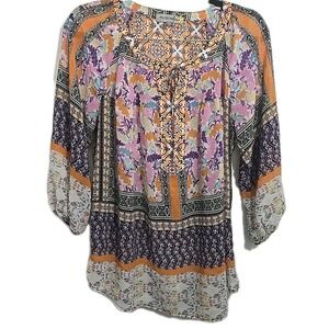 Figueroa & Flower Mixed Print Blouse Womens‎ Size 1X Knot Front 3/4 Sleeve Sheer